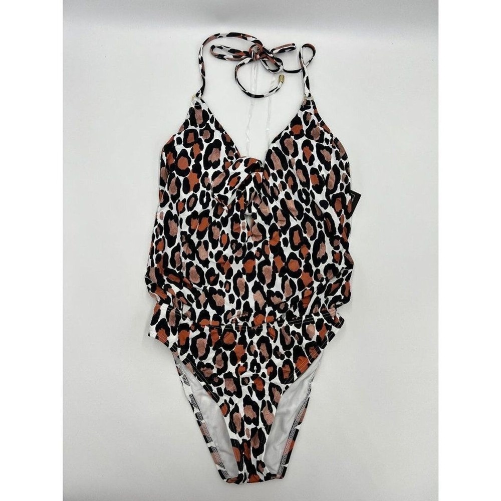 Bar III Womens Leopard Print Halter One Piece Swimsuit‎ Brown Tan Medium NEW